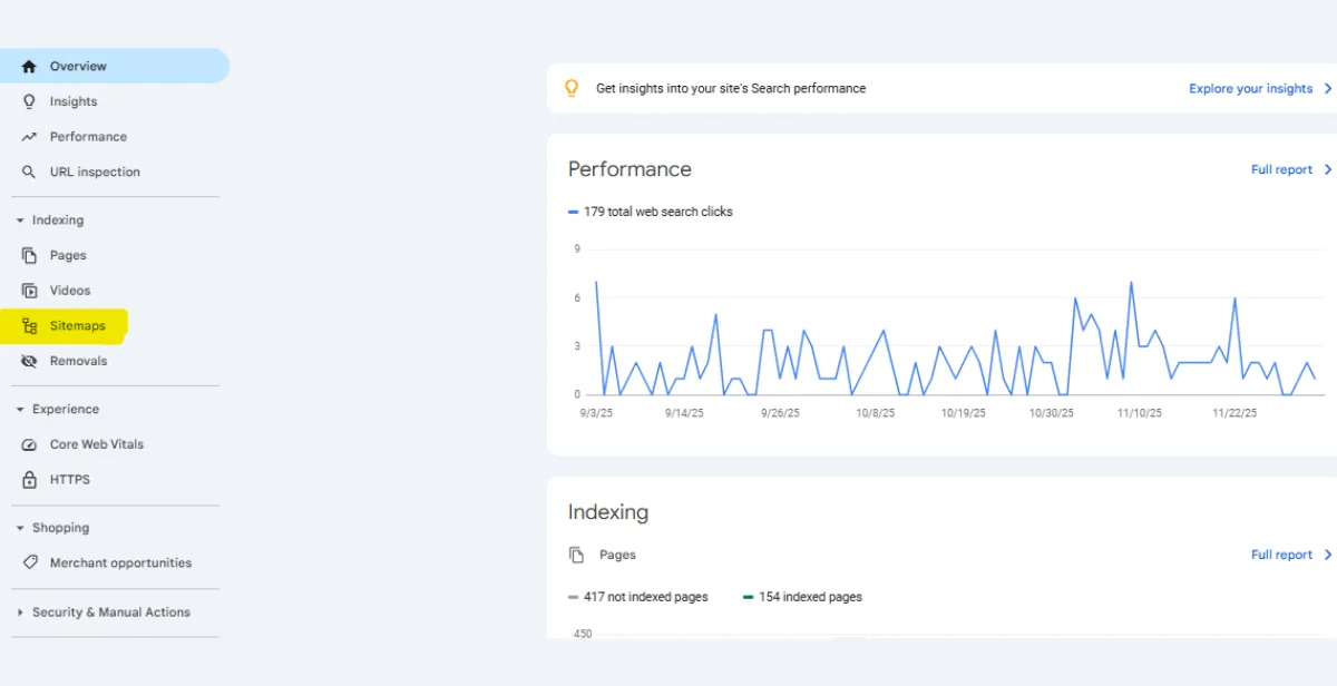 Google Search Console menu with Sitemaps highlighted
