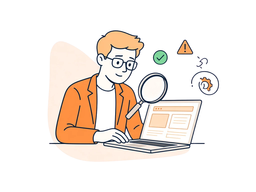Website owner reviewing a website SEO audit on a laptop, with page checks and issues highlighted
